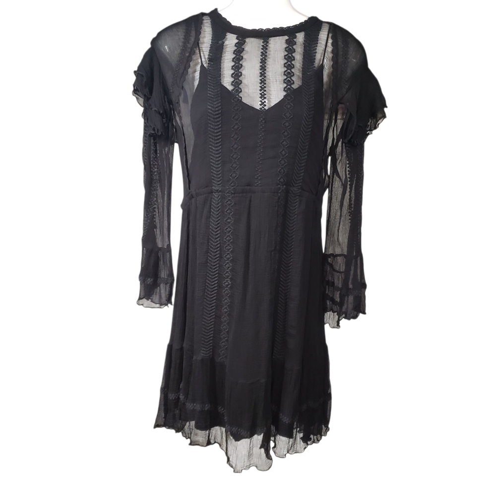 IRO Black Sheer Western Boho Dress Long Sleeves Women's Size 6